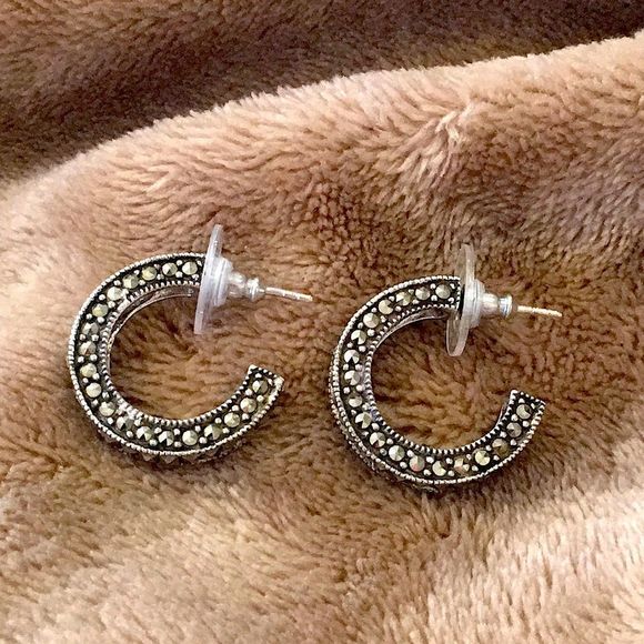 VTG Sterling Silver Marcasite Hoop Earrings - Picture 4 of 7
